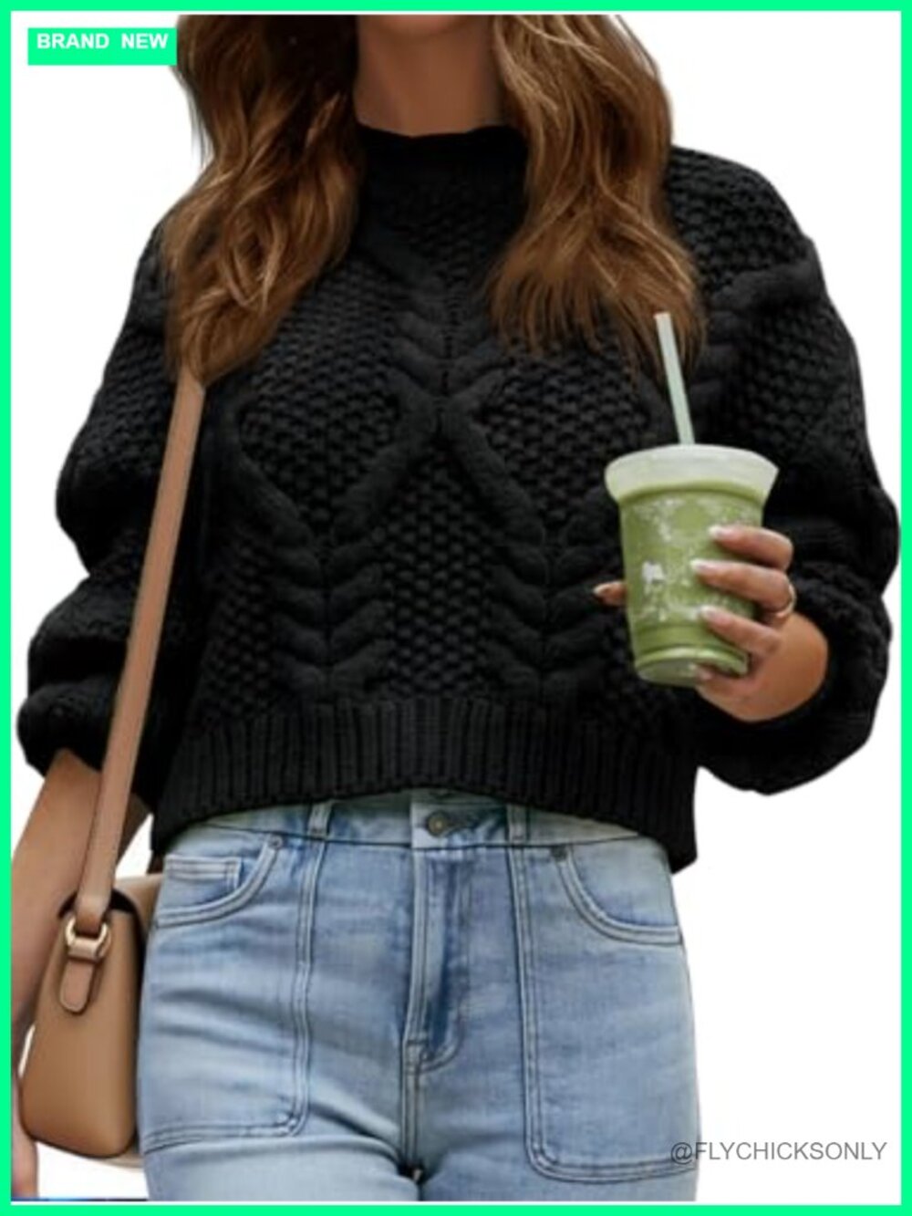 Womens Cropped Cable Knit Chunky Sweater Long Sleeve Crewneck Pullover